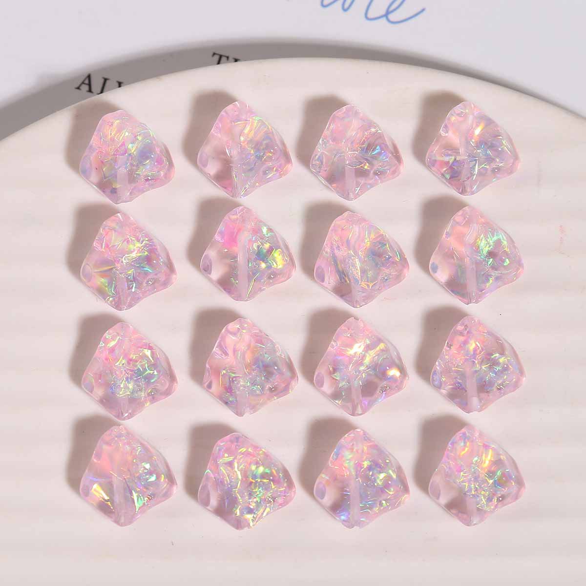 UV Plating Irregular Ice Cube Acrylic Beads 14mm Pink 10pcs