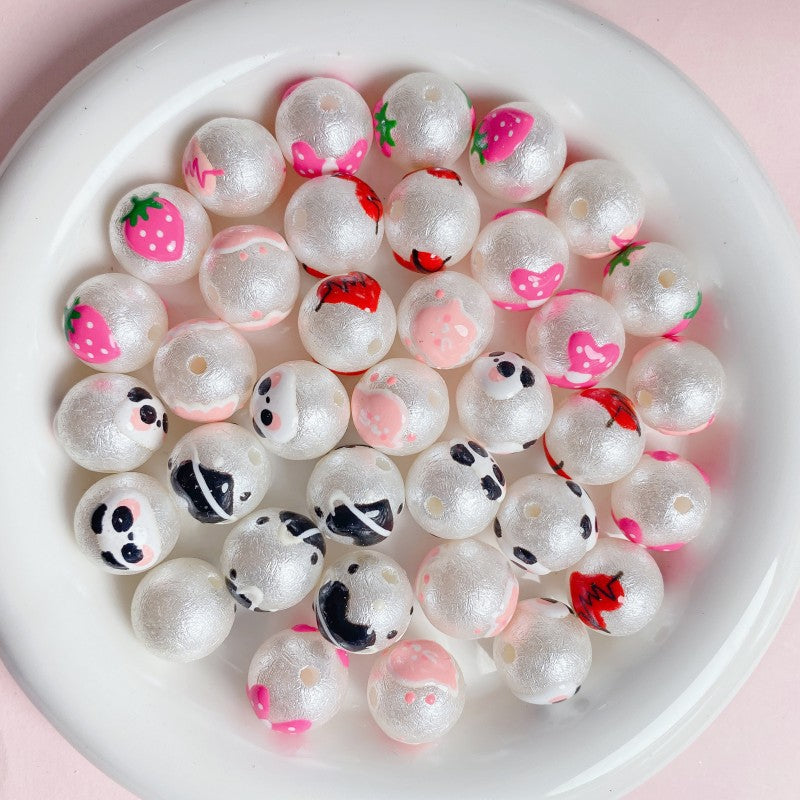 Painted Round Acrylic Beads 16mm Cartoon Hand Painted Imitation Pearl 5pcs