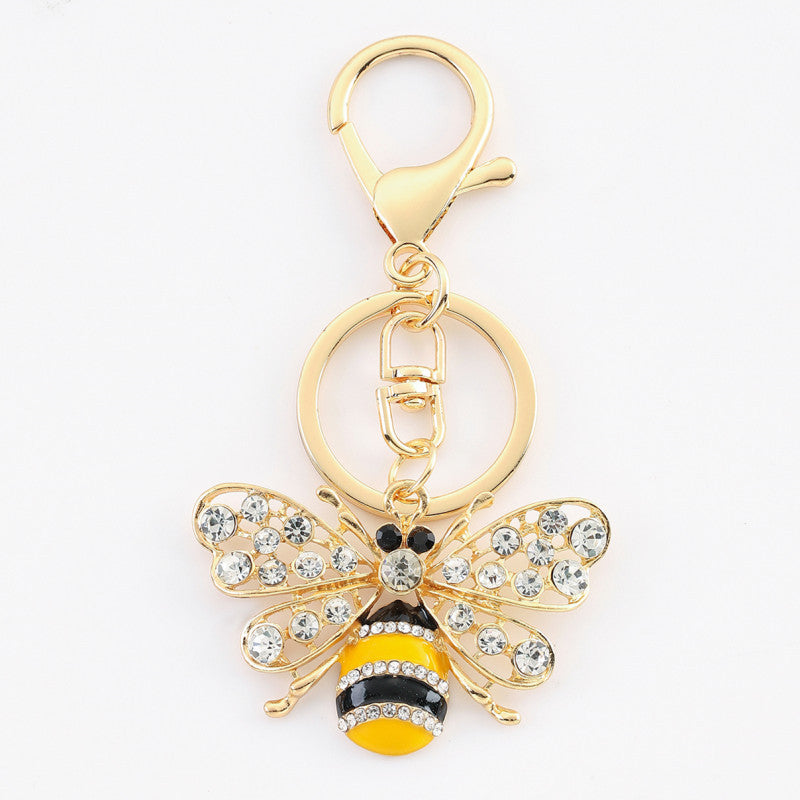 Rhinestone Bee Keychain Golden Alloy Zinc Decorative Charm