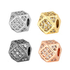 Polygon Brass Metal Beads 9mm Cubic Zirconia Inlaid 4pcs