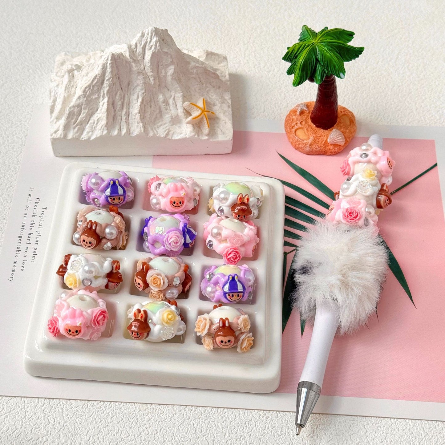 Hand Painted Floral Labub Acrylic Beads 16mm 10pcs