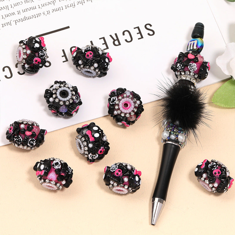 Halloween Skull Bow Acrylic Beads 26mm Pink Rhinestone 10pcs 2