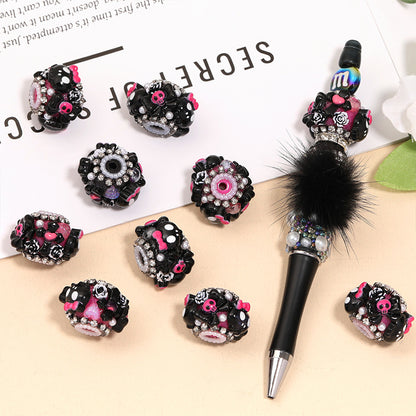 Halloween Skull Bow Acrylic Beads 26mm Pink Rhinestone 10pcs 2