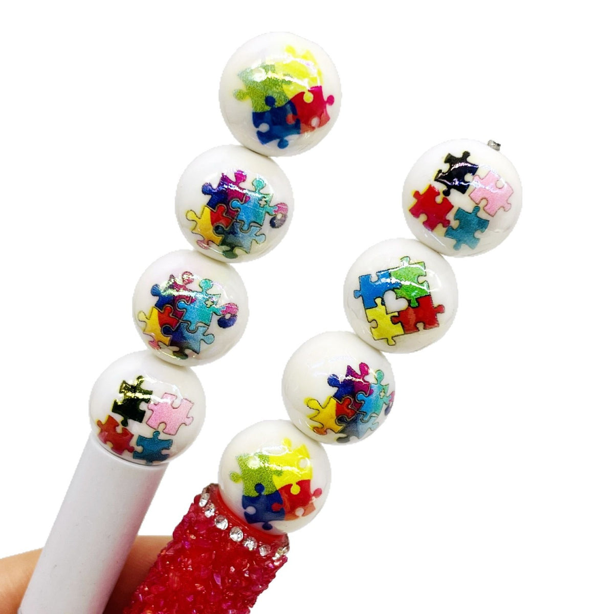Plating Round Acrylic Beads 16mm Colorful Jigsaw Puzzle Pattern 50pcs 5