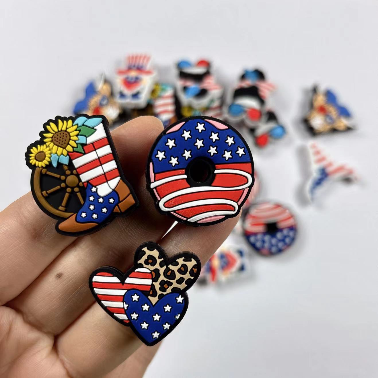Silicone Focal Beads Independent Day US Flag Cowboy Boots Hearts 20pcs 2
