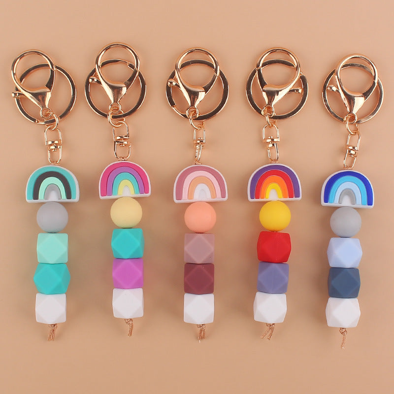 Rainbow Silicone Beaded Keychain with Gold Clasp 14cm 2