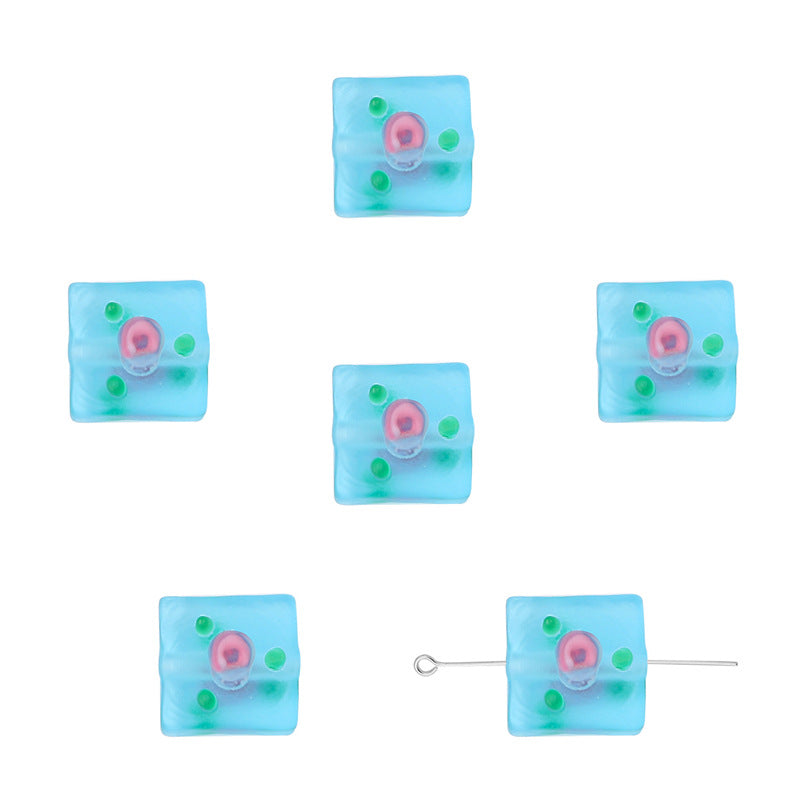 Frosted Square Glass Beads 12mm Hand-Painted Rose Design 4pcs 9
