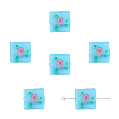 Frosted Square Glass Beads 12mm Hand-Painted Rose Design 4pcs 9