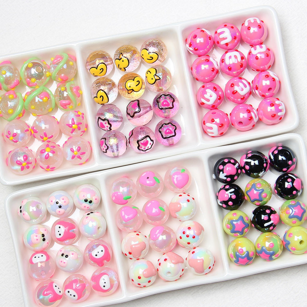 Hand Painted Cat Claw Strawberry Series Acrylic Beads 16mm 10pcs