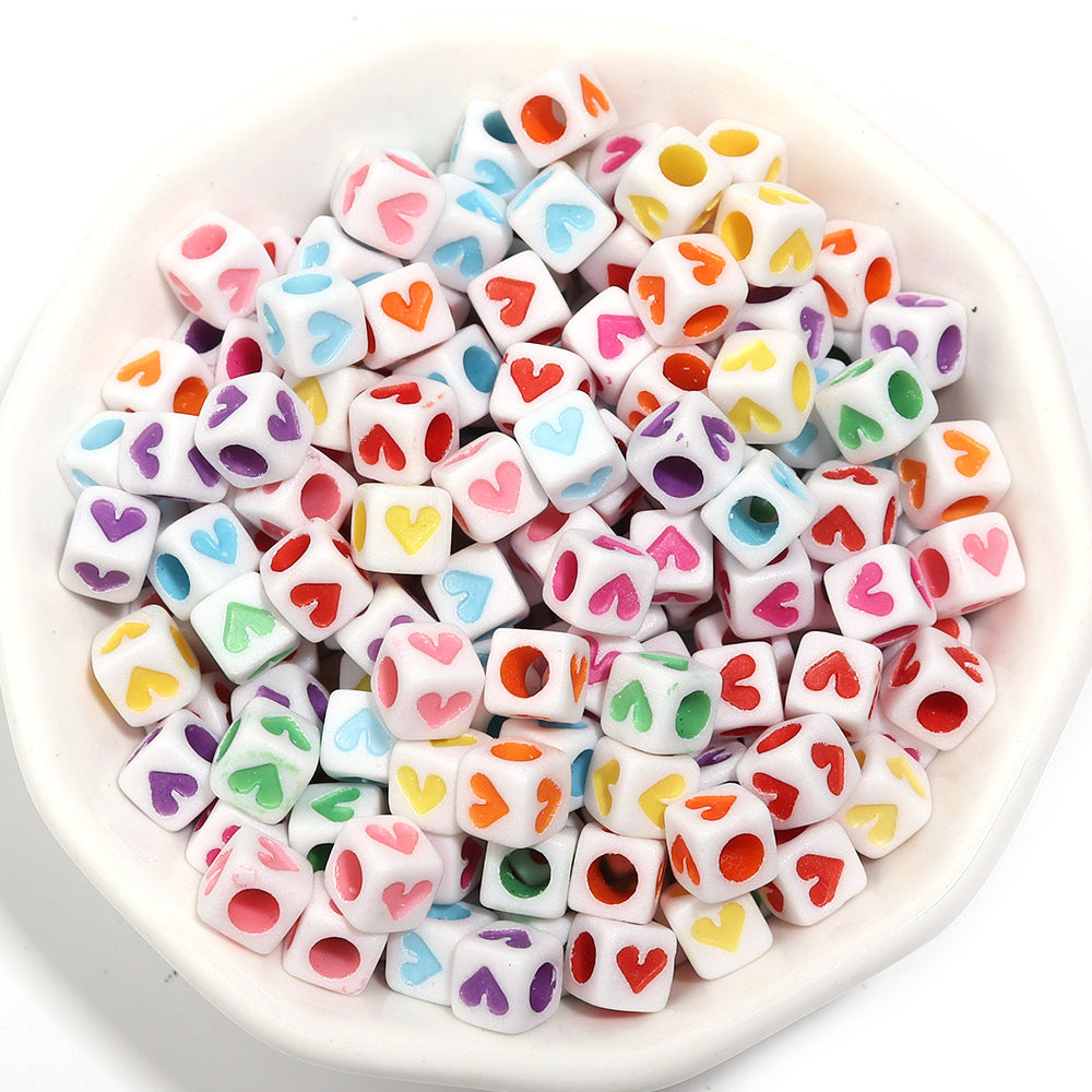 Square Acrylic Beads 6.7mm Glossy Dripping Oil Love Design 100pcs 16