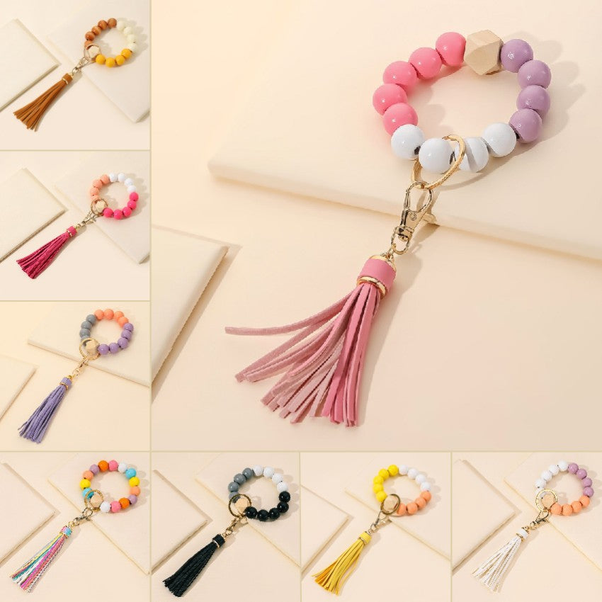 Wooden Beads Tassel Wristlet Keychain Natural Texture Pastel Colors