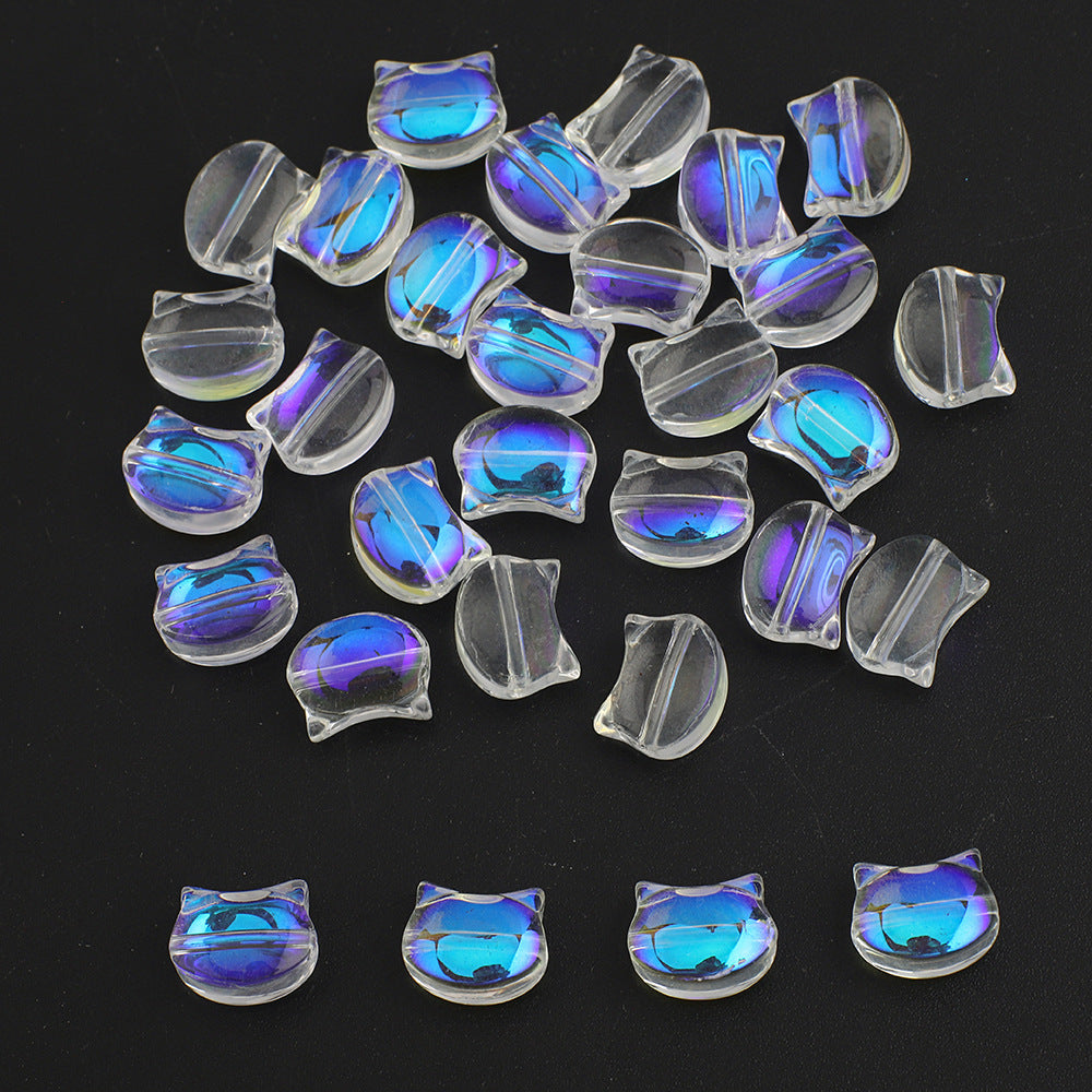 Plating Flat Cat Head Glass Beads 8mm x 10mm Iridescent Colors 30pcs 23