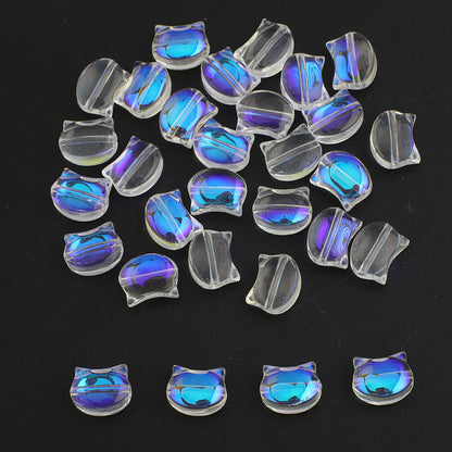 Plating Flat Cat Head Glass Beads 8mm x 10mm Iridescent Colors 30pcs 23