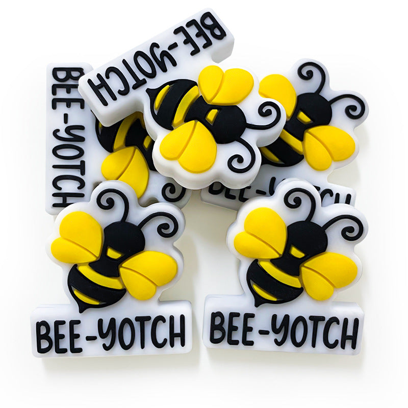 Silicone Focal Beads Bee BEE-YOTCH Script Bold Yellow Black 20pcs 4