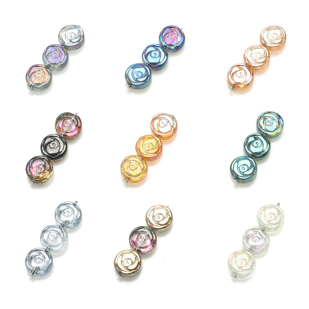 Rose Plated Glass Beads 10mm Glossy Spiral Floral Design 30pcs 4