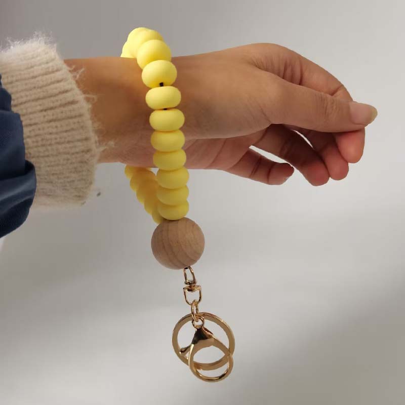 Silicone Beaded Flat Wristlet Keychain with Wood Accent 4