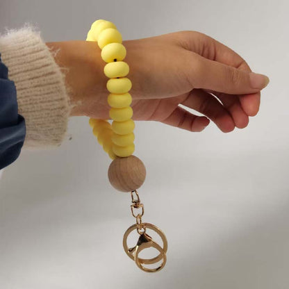 Silicone Beaded Flat Wristlet Keychain with Wood Accent 4