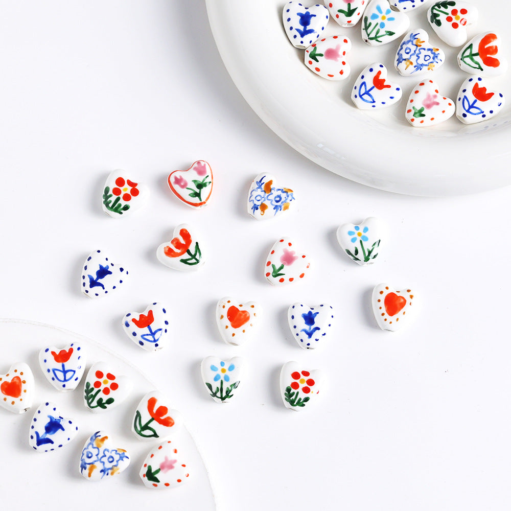 Fresh Floral Heart Ceramic Beads 15mm Hand Painted 5pcs