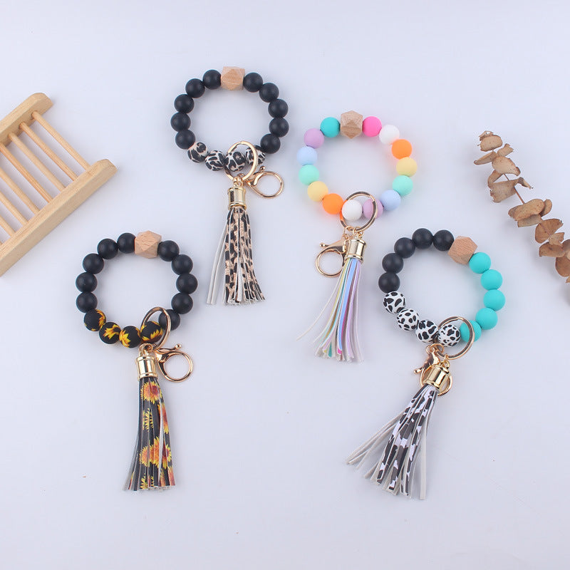 Leopard Print Silicone Bead Tassel Wristlet Keychain 2