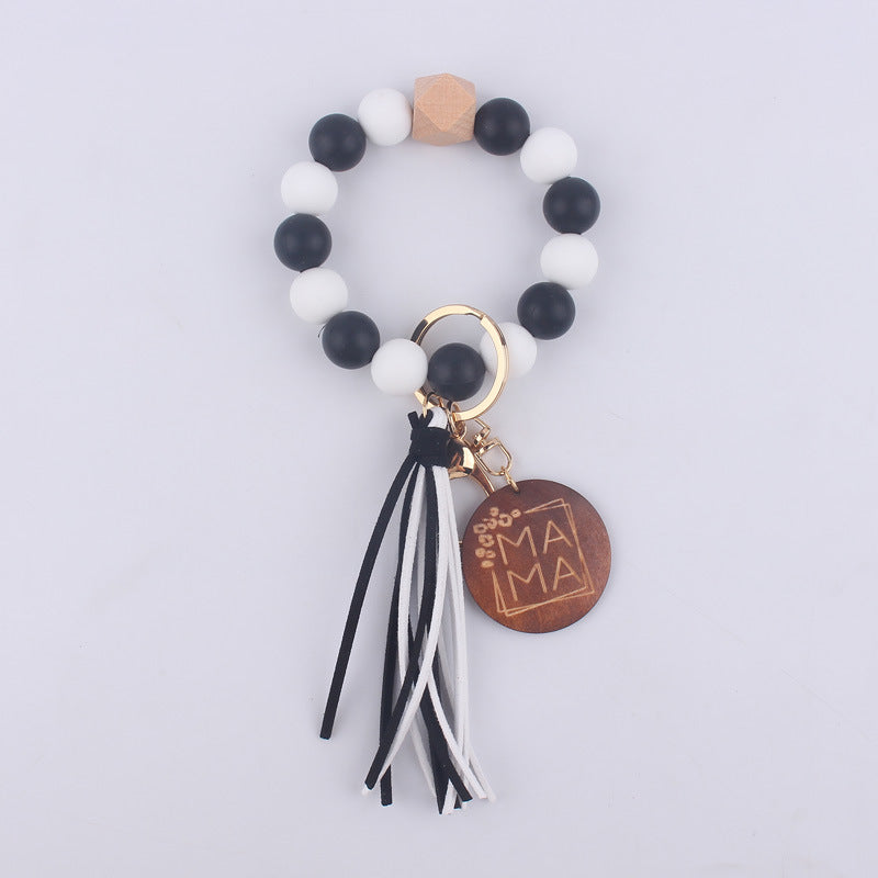 Silicone Bead Wristlet Keychain with Wood Tag and Leather Tassel MAMA 15