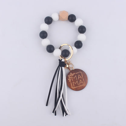 Silicone Bead Wristlet Keychain with Wood Tag and Leather Tassel MAMA 15