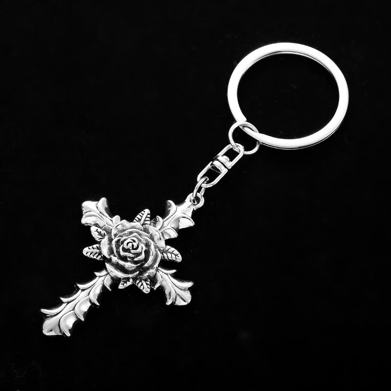 Rose Cross Keychain Metal Zinc Alloy Vintage Floral Design