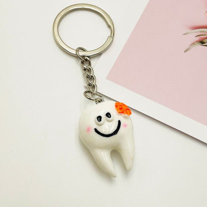 Resin Teeth Keychain Smiling White Tooth with Colorful Flower Charm 6
