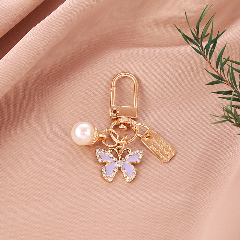 Alloy Butterfly Keychain Cartoon Pearl Crystal Accent Metal 7
