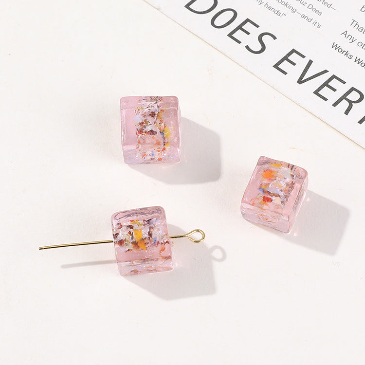 Lampwork Glass Beads Cube 10mm Silver Foil Confetti 4pcs 6