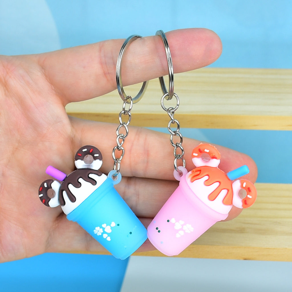 Soft Rubber Milk Tea Drink Keychain with Donut Ears and Dripping Tops 2