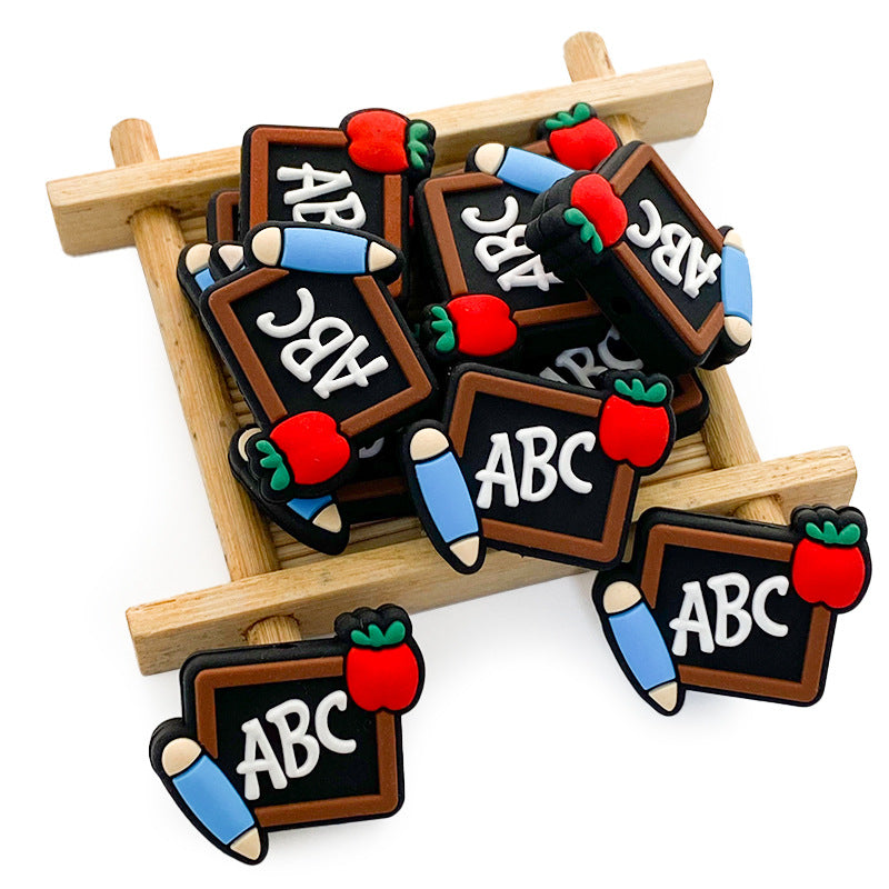 Silicone Focal Beads Abc Blackboard With Pencil And Apple 20pcs 2