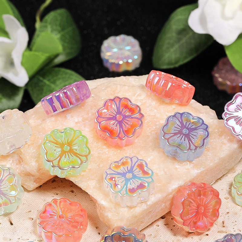 Plating Glitter Powder Cherry Blossom Acrylic Beads 18mm Pastel Mixed 50pcs