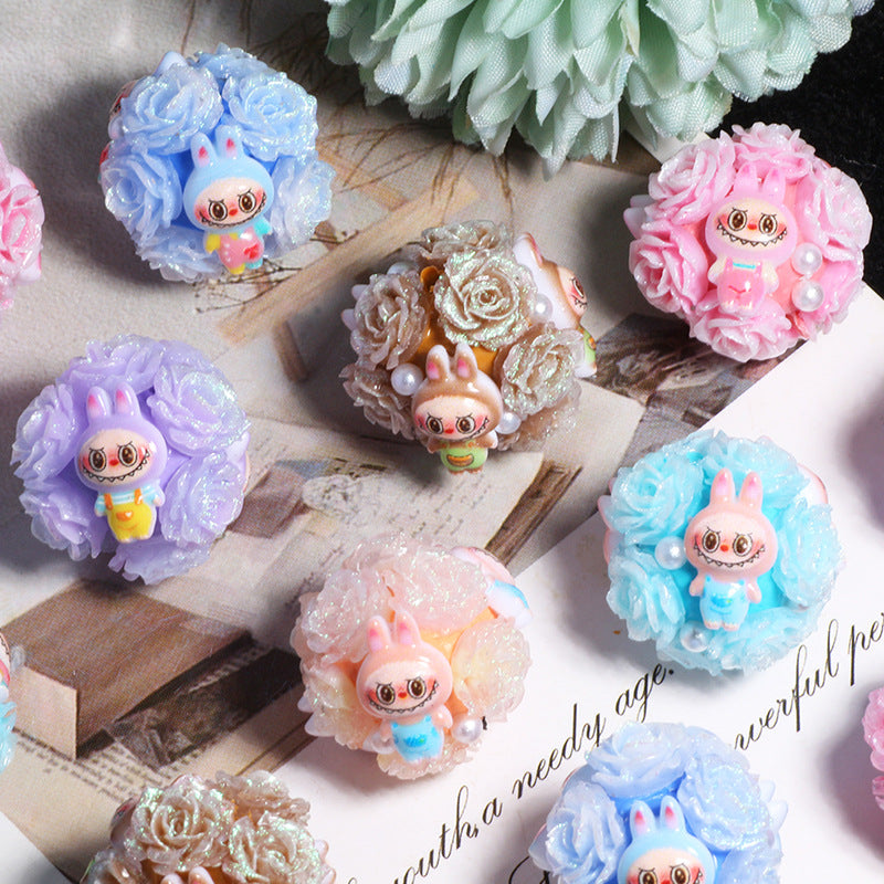 Embellished Bubblegum Beads 20mm Labub Rose Cluster Polymer Clay 5pcs