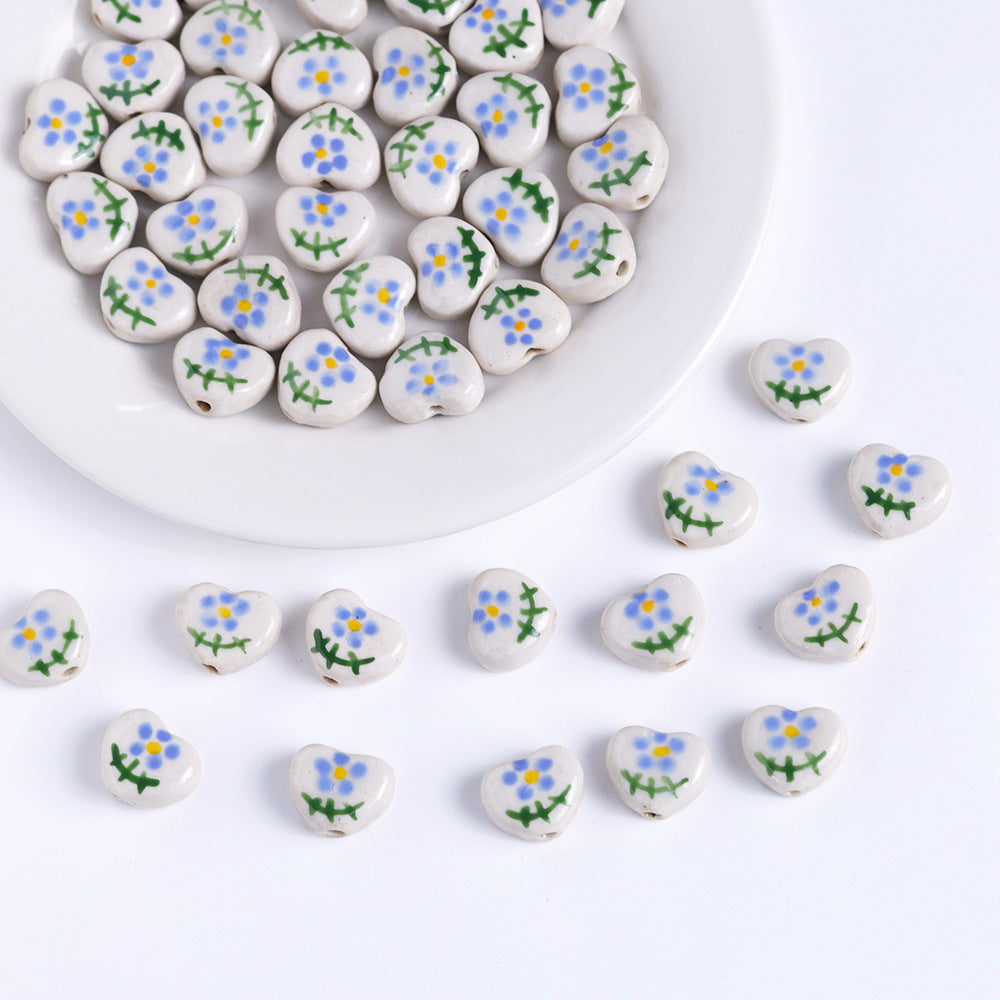 Hand Painted Heart Ceramic Beads 14mm Floral Pattern 5pcs 8