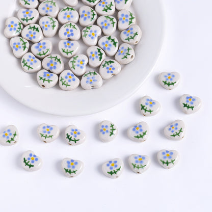 Hand Painted Heart Ceramic Beads 14mm Floral Pattern 5pcs 8