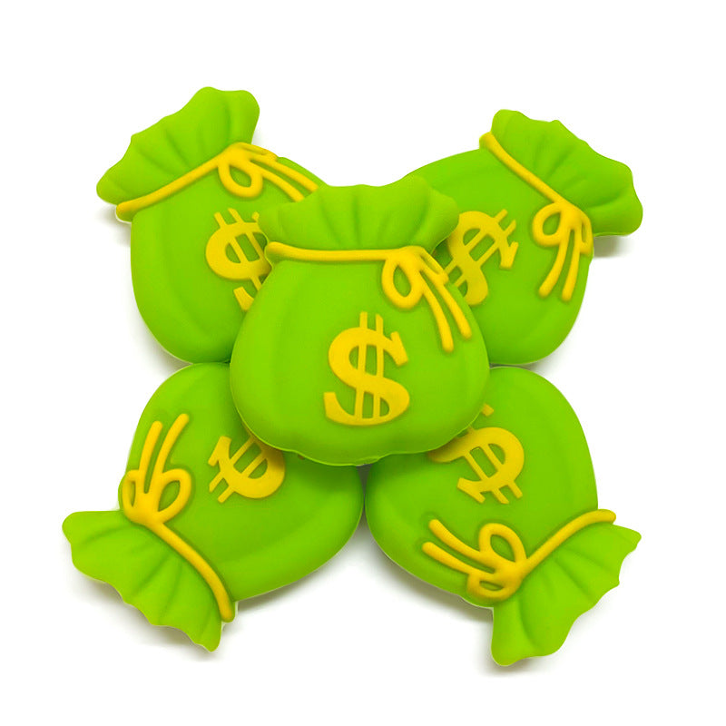 Silicone 3D Focal Beads Money Bag Green Sack with Yellow Dollar Sign 20pcs 4