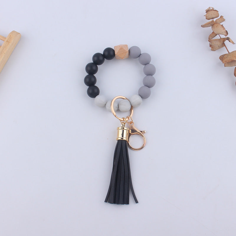 Leopard Print Silicone Bead Tassel Wristlet Keychain 17