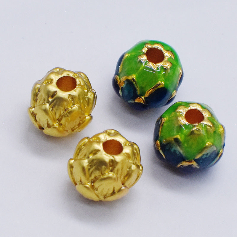 Lotus Metal Beads 9mm Cloisonne Gold Accents Turquoise Enamel 10pcs