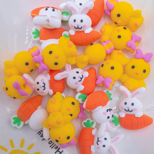 Silicone 3D Focal Beads Easter Little Yellow Chicken Bunny Holding Carrot 20pcs