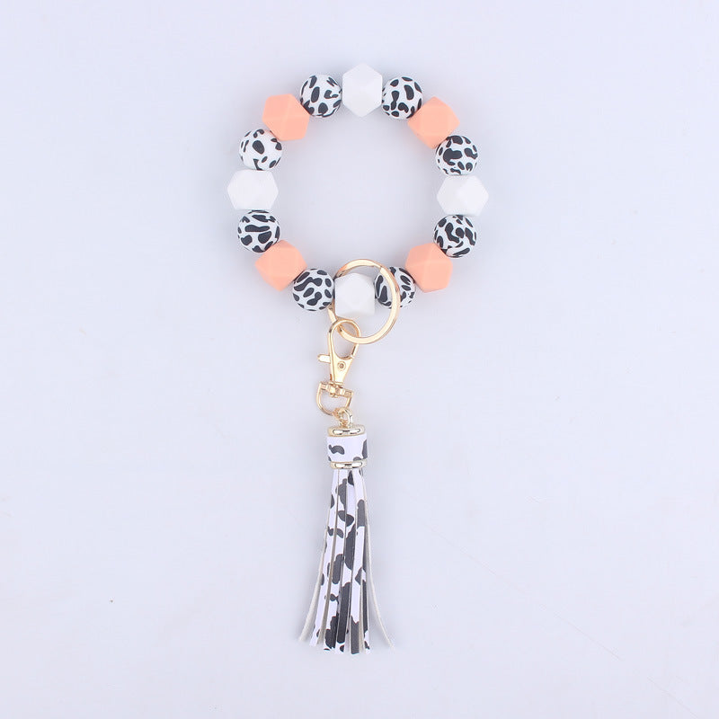 Leopard Print Silicone Bead Tassel Wristlet Keychain 8