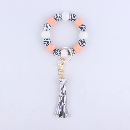 Leopard Print Silicone Bead Tassel Wristlet Keychain 8