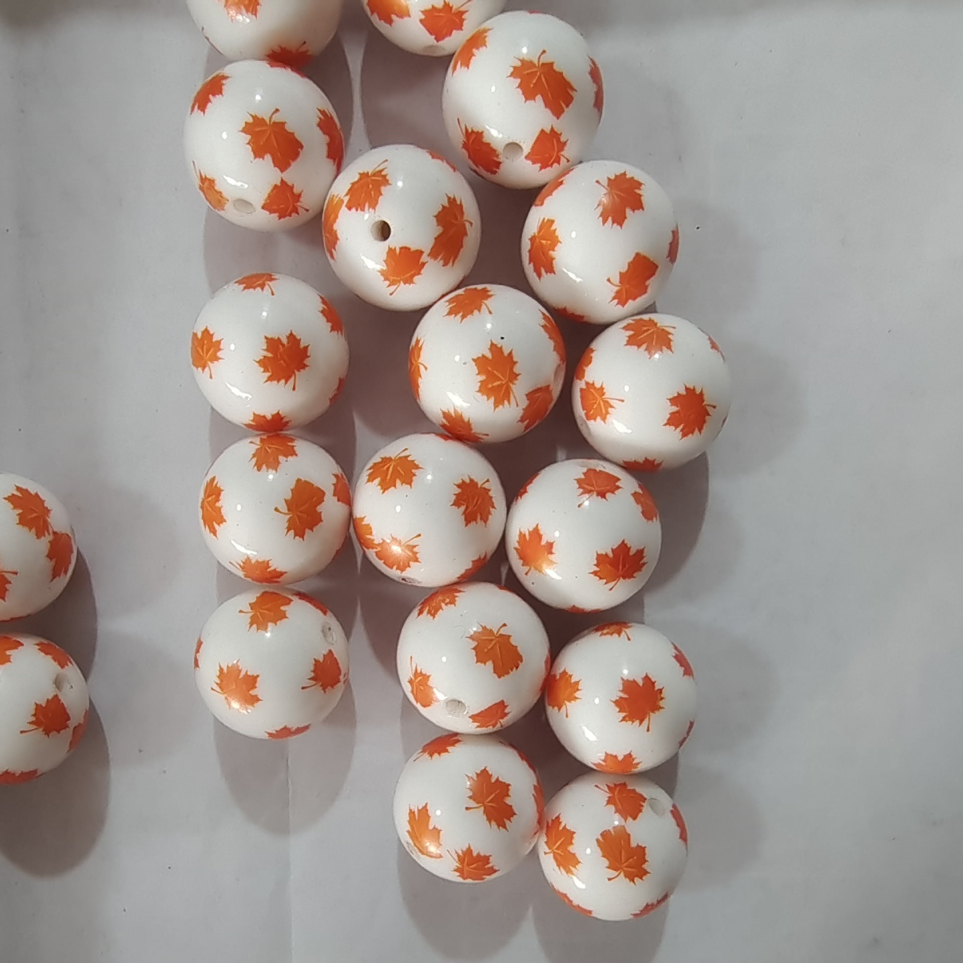 Printed Bubblegum Beads 20mm Orange Maple Leaves Glossy 10pcs 3