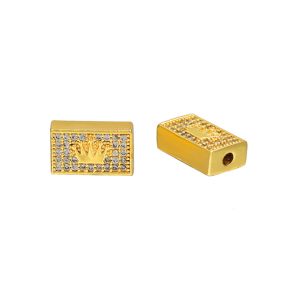 Brass Square Metal Beads 8x12mm Crown Pattern Cubic Zirconia 2pcs