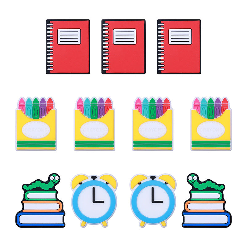Silicone Focal Beads School Theme Crayon Alarm Clock Bookworm 20pcs