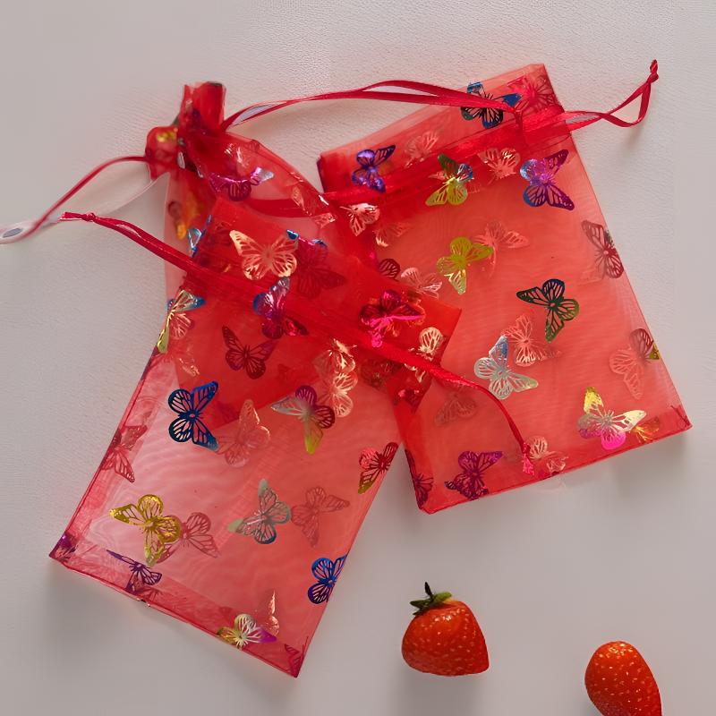 Organza Drawstring Bags Metallic Butterfly Puppy Paw Pattern 10pcs 7