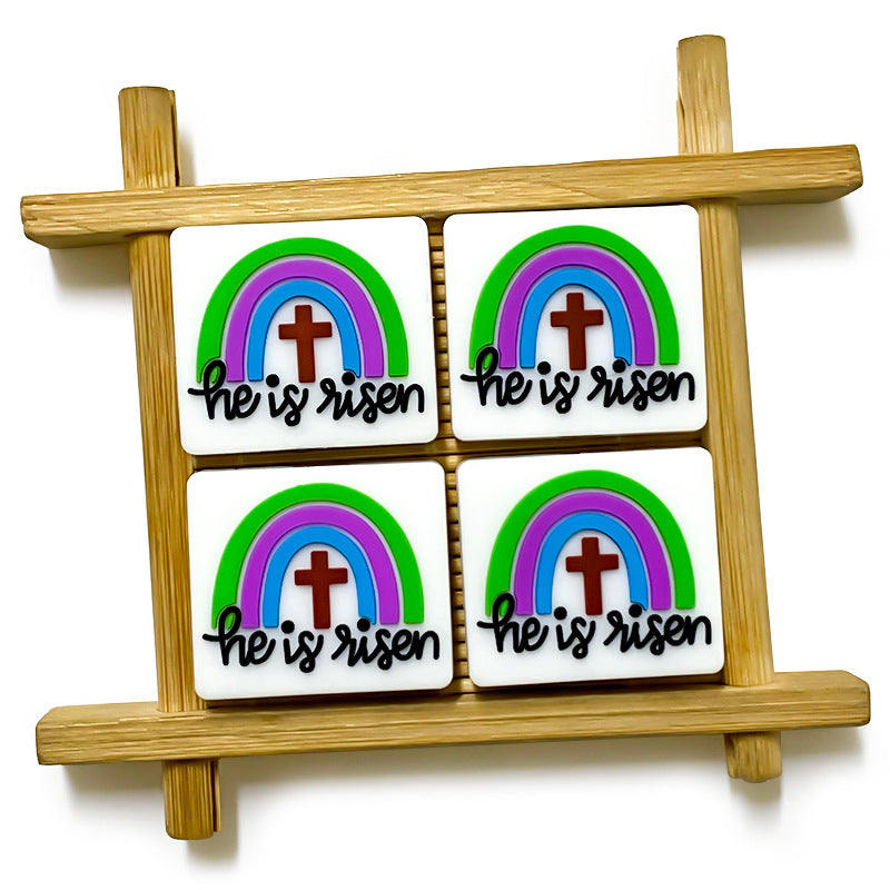 Silicone Focal Beads Rainbow Cross With He Is Risen Text 20pcs 3