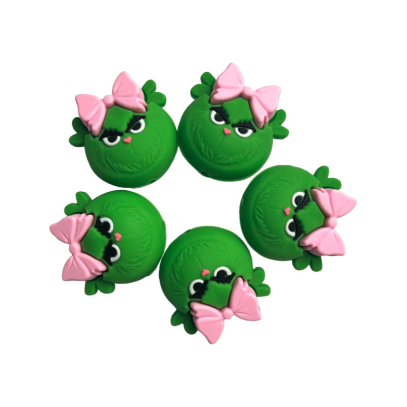 Silicone 3D Focal Beads Christmas Cartoon Animals Grinch Faces with Pink Bows 20Pcs 6