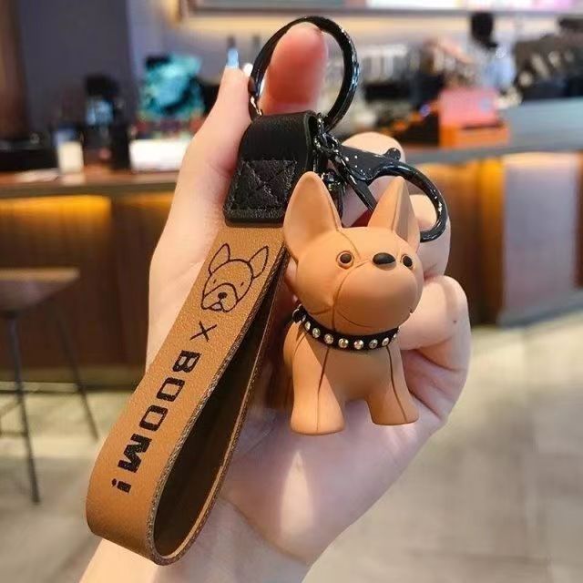 Bulldog Puppy Keychain Resin with Studded Collar and Leather Strap 5