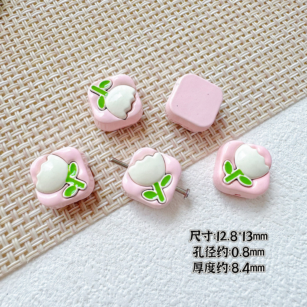 Tulip Square Heart Metal Beads 12mm Glossy Enamel Alloy 10pcs 2