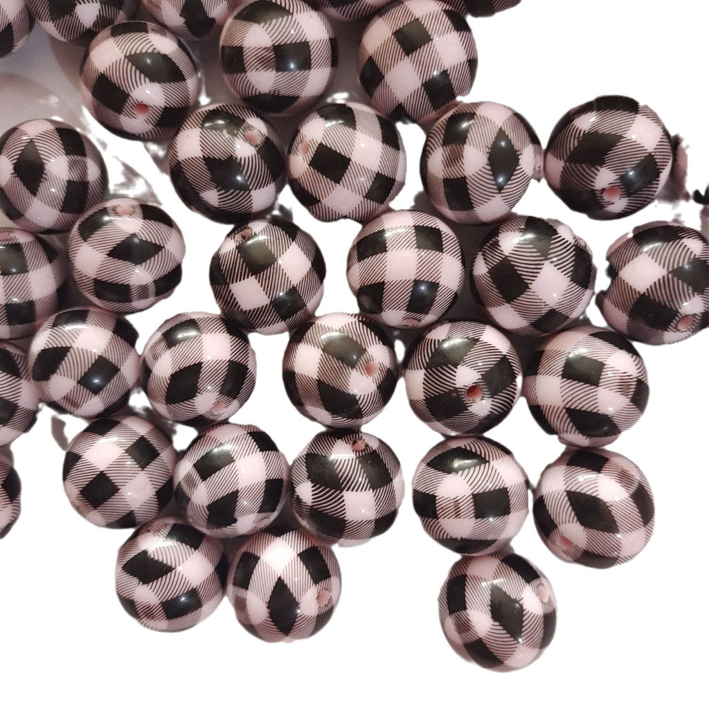 Printed Bubblegum Beads 20mm Black Pink Buffalo Check Pattern 10pcs 3
